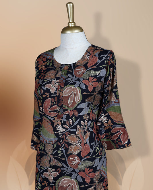Navy blue colour kurti featuring a round neckline, 3/4th flared sleeves, and an all over floral print in green and beige hues, designed with a straight cut silhouette for a chic casual look.
