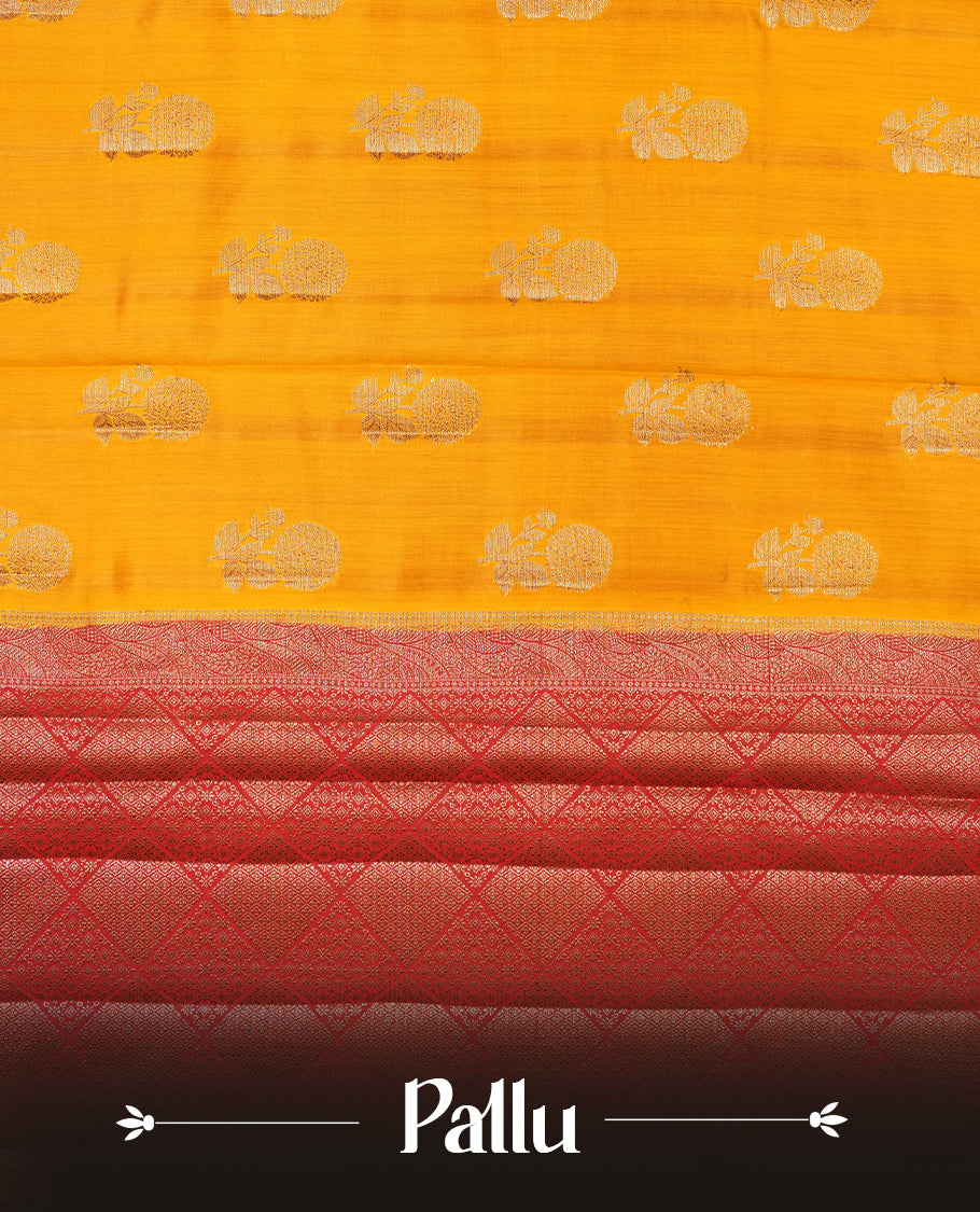 Mustard Colour Pure Banaras soft Silk Saree having gold floral motifs on Body with contrast Dark red colour gold Zari pattern on Border and matching Blouse