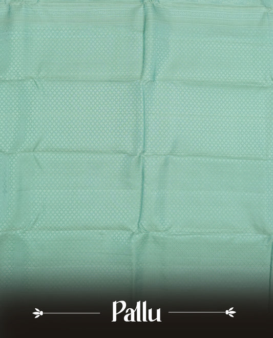 Pastel aqua blue colour semi soft silk saree featuring a self coloured textured patterned body, complemented by self coloured box motifes on pallu & border and a matching blouse piece.