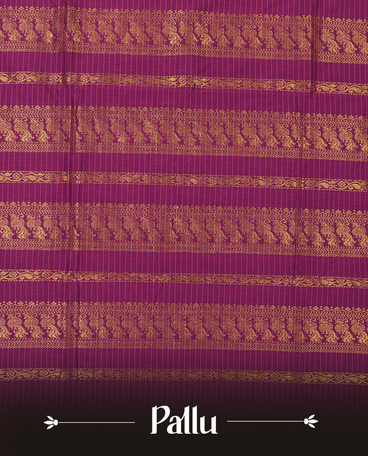 Mustard yellow coloured mixed Kalyani cotton saree featuring golden zari checks on the body, complemented by a grape purple coloured border and pallu adorned with golden zari patterns, Paired with a matching blouse.