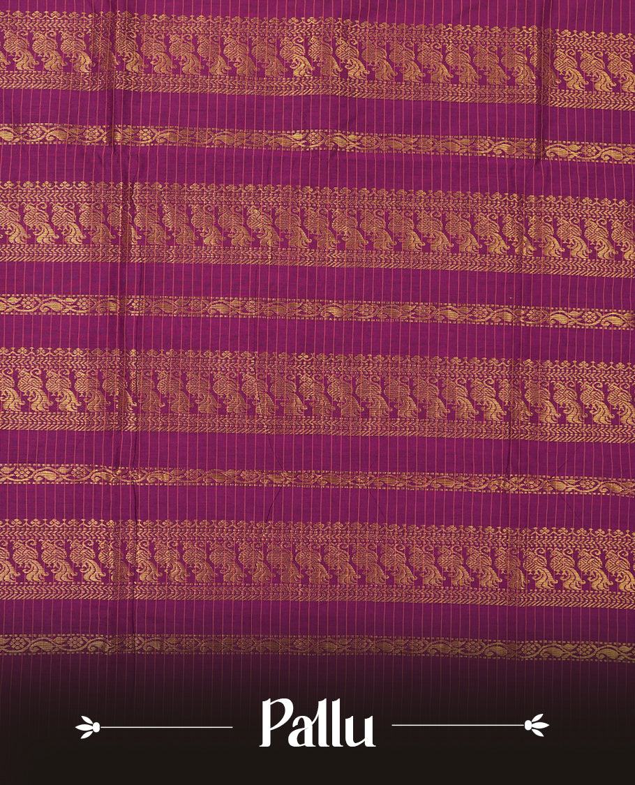 Mustard yellow coloured mixed Kalyani cotton saree featuring golden zari checks on the body, complemented by a grape purple coloured border and pallu adorned with golden zari patterns, Paired with a matching blouse.