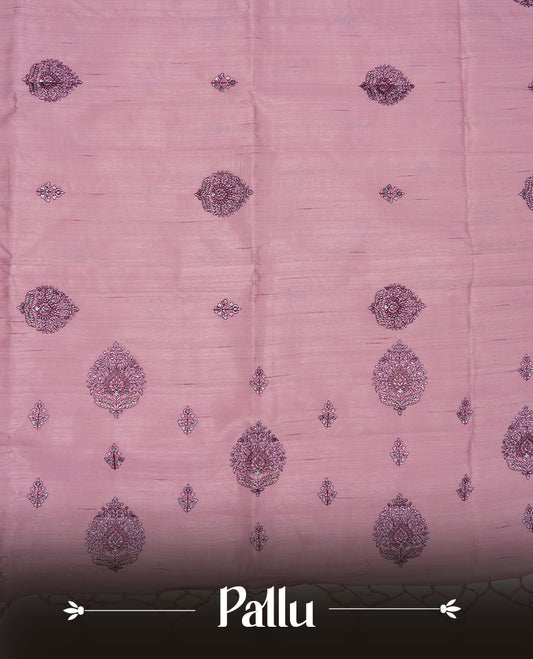 Pink colour semi tusser silk saree featuring Floral thread embroidery across body, without border and paired with matching blouse.