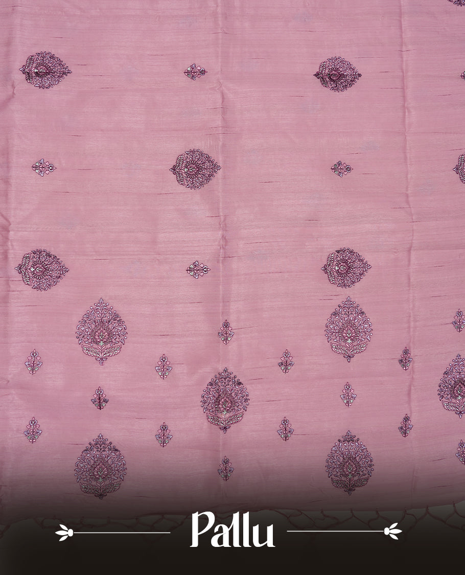 Pink colour semi tusser silk saree featuring Floral thread embroidery across body, without border and paired with matching blouse.