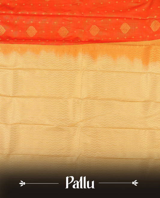 Orange colour Semi Silk Saree with gold zari striped patterns on the body, paired with a contrasting Cream colour traditional pallu and border, and a matching blouse piece.