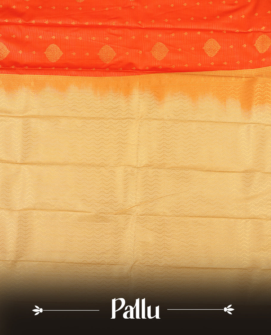 Orange colour Semi Silk Saree with gold zari striped patterns on the body, paired with a contrasting Cream colour traditional pallu and border, and a matching blouse piece.