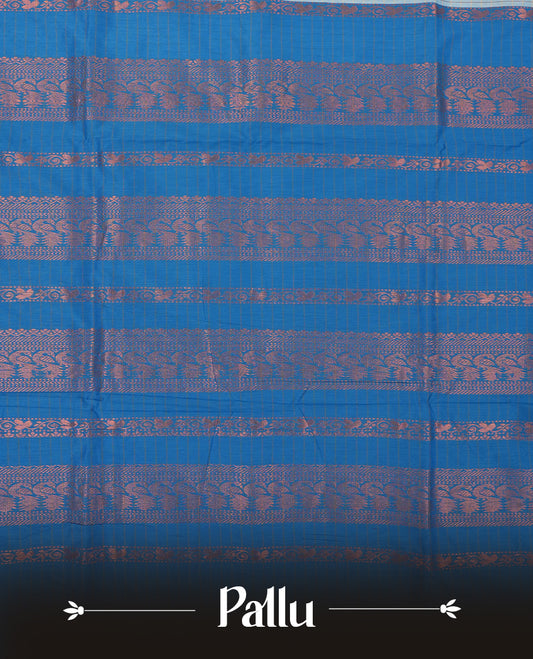 Sky blue coloured mixed Kalyani cotton saree featuring copper zari checks on the body, complemented by a bright blue coloured border and pallu adorned with copper zari patterns, Paired with a matching blouse.