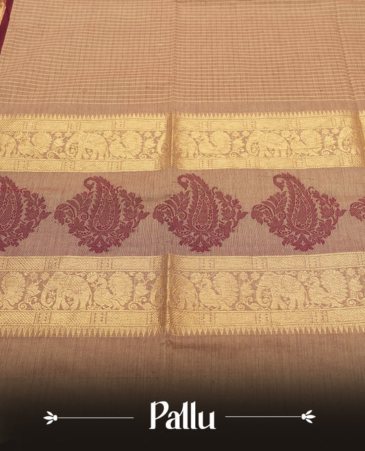 Beige Colour Silk Cotton Saree with Striped Body, Accented by Maroon and Gold Zari Border with Elephant and Paisley Motifs on Pallu, Paired with Matching Blouse Piece