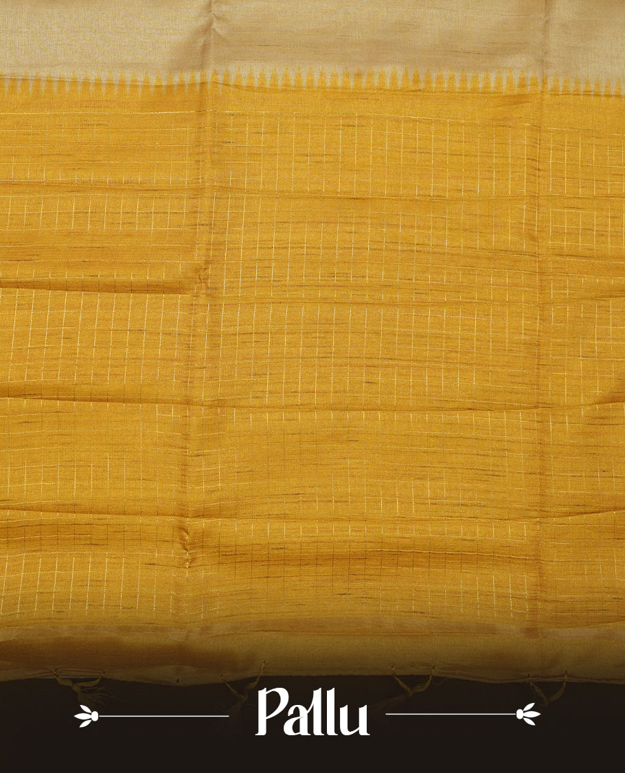 Beige colour semi tussar saree highlighting elegant plain body, contrast yellow colour border with gold zari box pattern, pallu and comes with matching blouse piece.