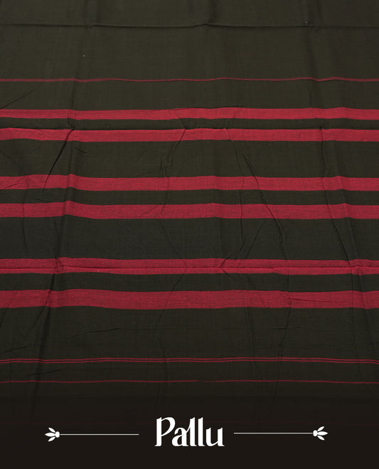 Black colour Narayanapattu cotton saree featuring a self coloured body, maroon coloured zari pattern border and maroon striped colour pallu, pairing a matching blouse piece.