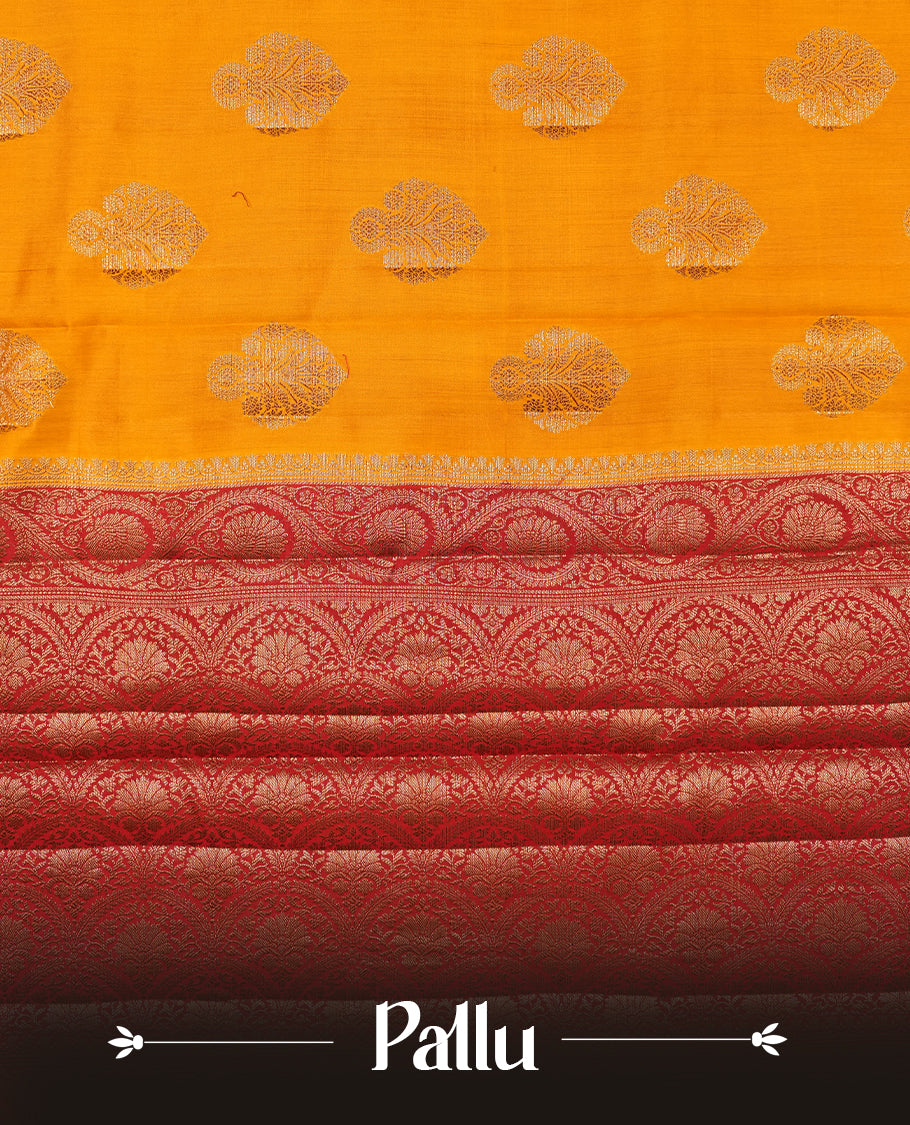 Mustard Colour Pure Banaras soft Silk Saree having gold floral motifs on Body with contrast Dark red colour gold Floral kodi pattern on Border and matching Blouse