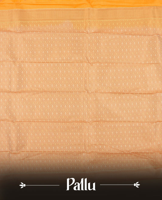Orange colour Semi Silk Saree with rose gold zari striped patterns on the body, paired with a contrasting cream colour traditional pallu and border, and a matching blouse piece.