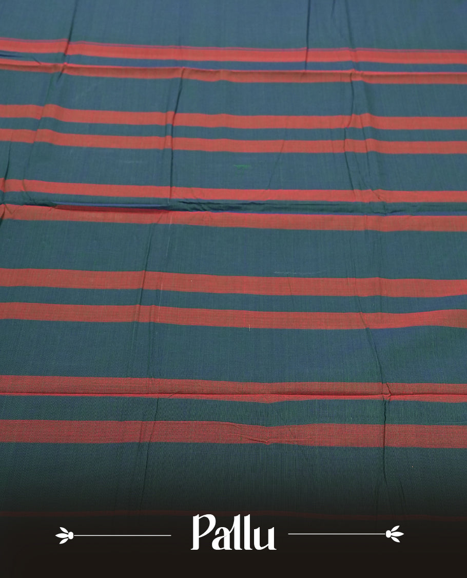 Peacock Blue colour Narayanapattu cotton saree featuring a self coloured body, maroon coloured with gold zari pattern border and gold striped colour pallu, pairing a matching blouse piece.