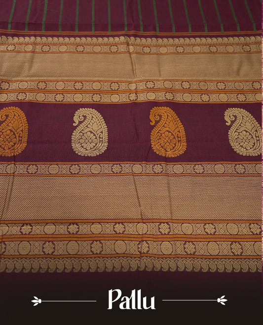 Maroon colour Pure Kanchi cotton saree with subtle green stripes and a contrasting green border & Includes a matching blouse piece for a complete look.