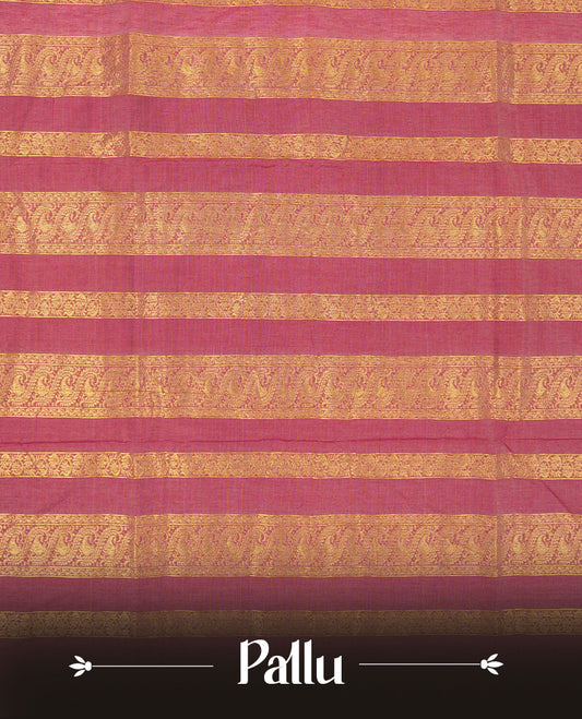 Off white coloured mixed Kalyani cotton saree featuring copper zari checks on the body, complemented by a maroon red coloured border and pallu adorned with golden zari patterns, Paired with a matching blouse.