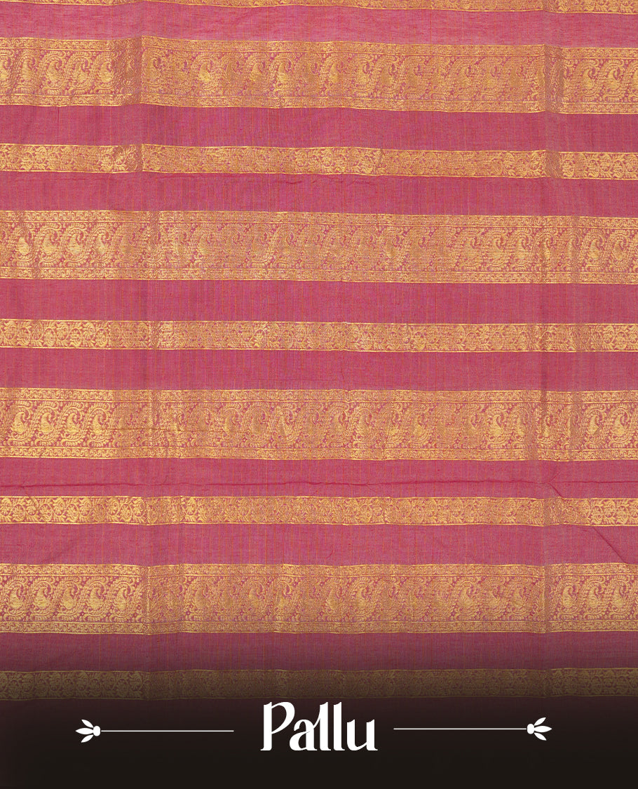 Off white coloured mixed Kalyani cotton saree featuring copper zari checks on the body, complemented by a maroon red coloured border and pallu adorned with golden zari patterns, Paired with a matching blouse.