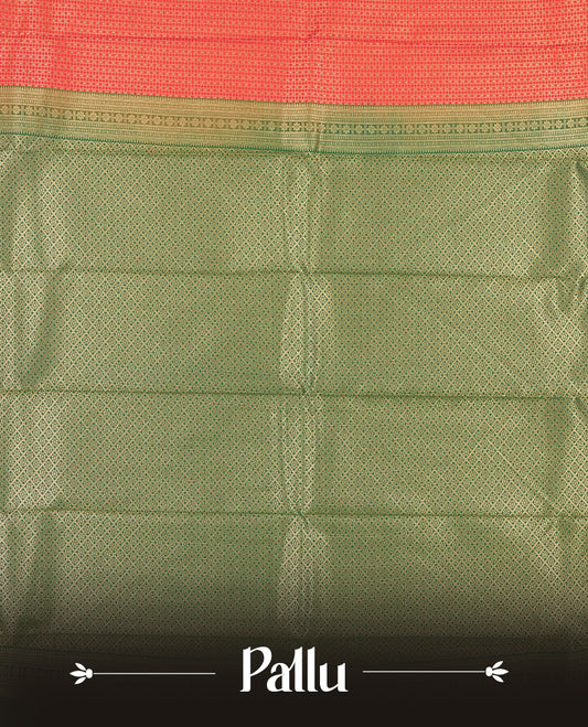 Red colour Semi Silk Saree with gold zari patterns on the body, paired with a contrasting green traditional pallu and border, and a matching blouse piece.