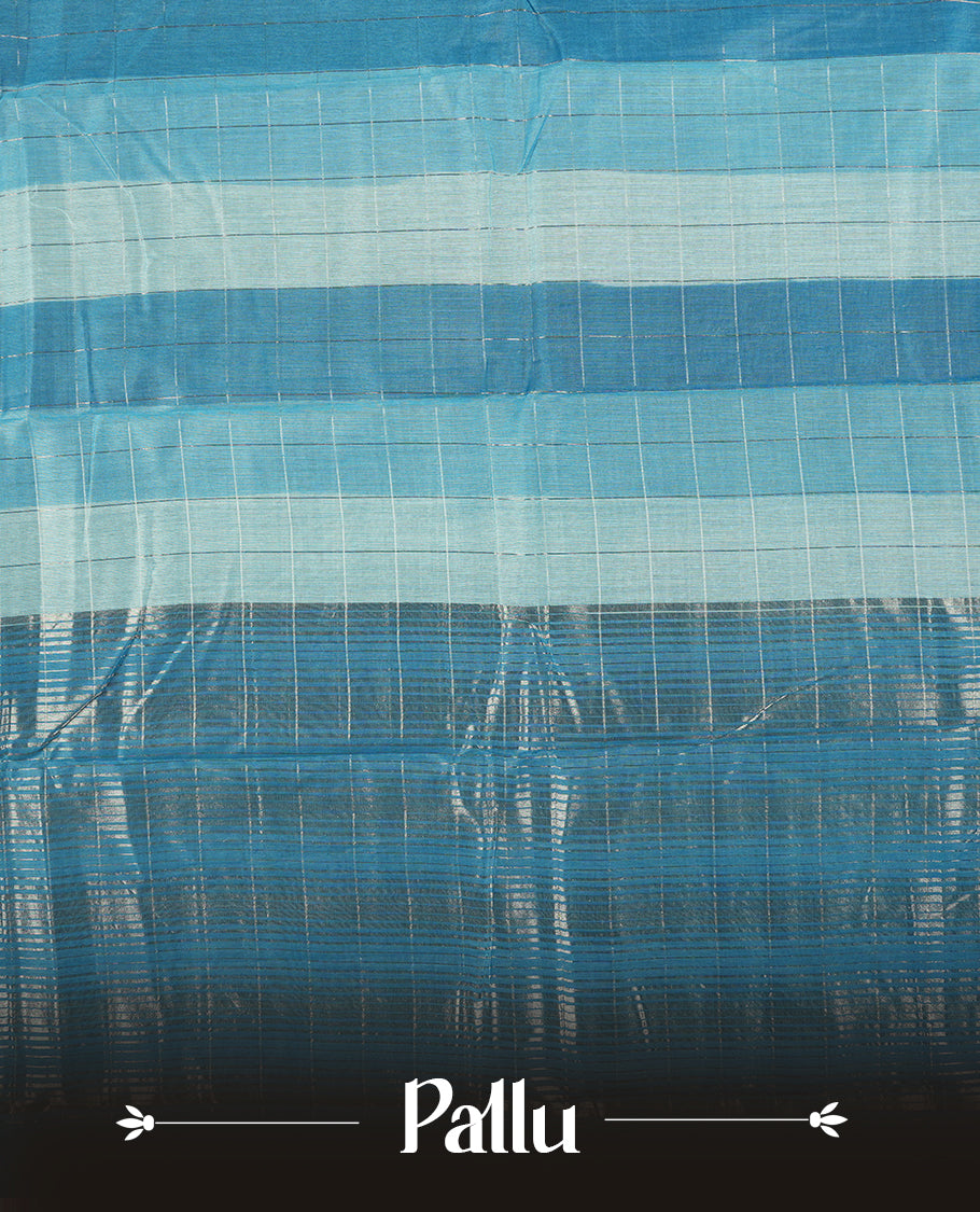 Sky blue colour mixed chanderi cotton saree with checkered striped body, plain sky blue pallu, silver zari decorative border, matching sky blue blouse.