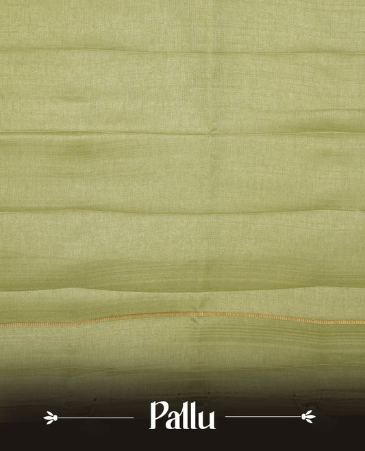Pastel green colour semi tussar silk saree highlights gold zari check pattern across body,  border, pallu and paired with matching blouse piece.