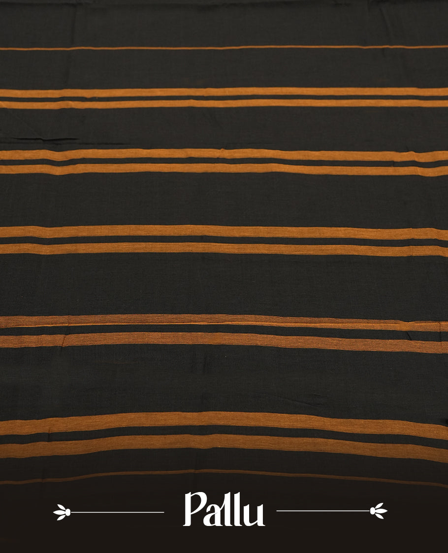 Black colour Narayanapattu cotton saree with a plain black body, mustard yellow pallu adorned with traditional dancer motifs in thread work, and a maroon striped border & A cultural classic, this saree comes without a blouse piece.