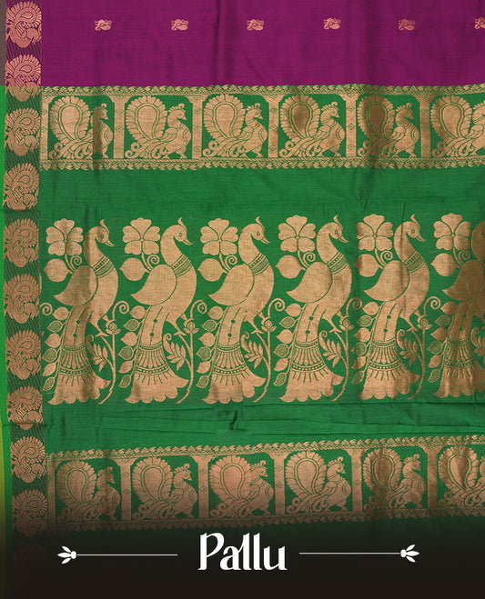 Purple colour Kalyani Cotton saree in deep green with golden peacock motifs, paired with a contrasting green border featuring intricate zari work & Comes with a matching blouse piece.