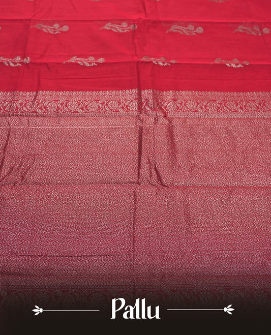 Maroon Red Colour Silk Cotton Saree with Dark Silver Floral Butta Body, Self Coloured Dark Silver Zari Pallu & Border, Floral Vine Motifs, and Matching Plain Woven Blouse Piece