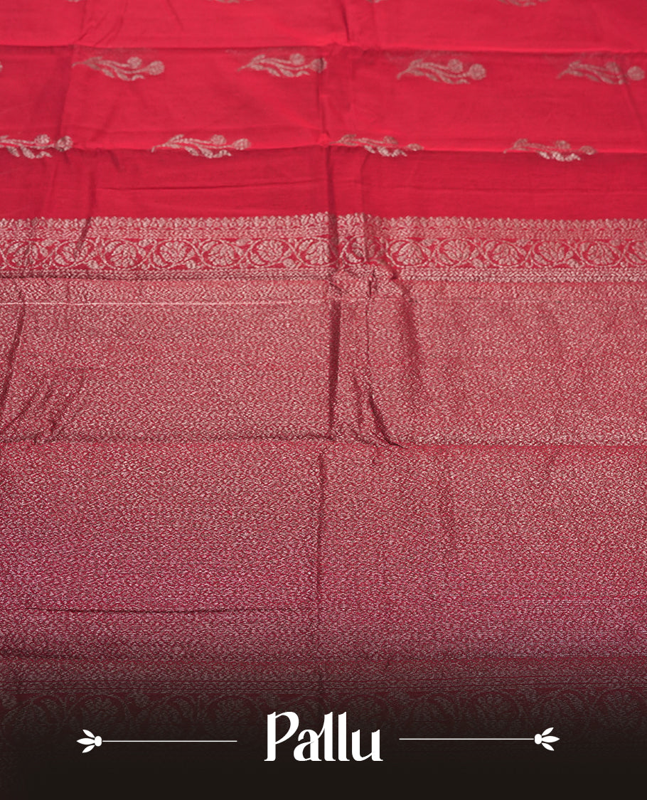 Maroon Red Colour Silk Cotton Saree with Dark Silver Floral Butta Body, Self Coloured Dark Silver Zari Pallu & Border, Floral Vine Motifs, and Matching Plain Woven Blouse Piece