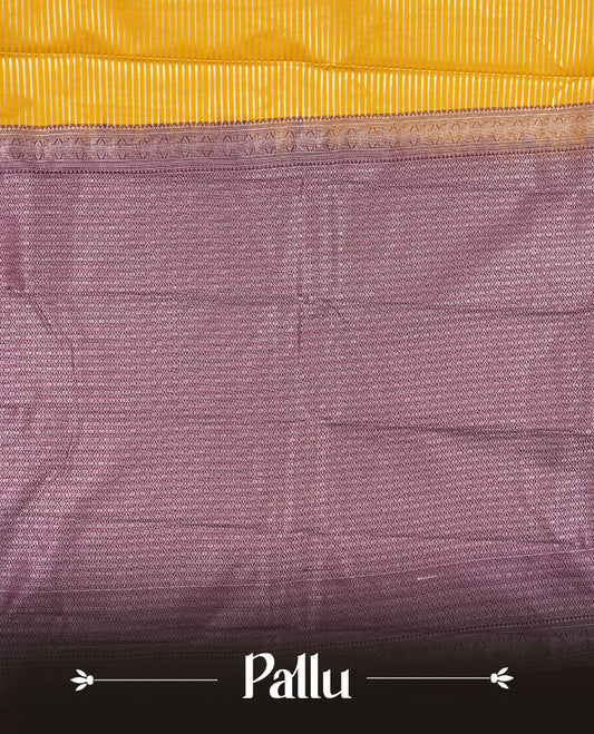 Olive yellow colour Semi Silk Saree with silver zari patterns on the body with self coloured border, paired with a contrasting Dark violet colour traditional pallu, and a matching blouse piece.