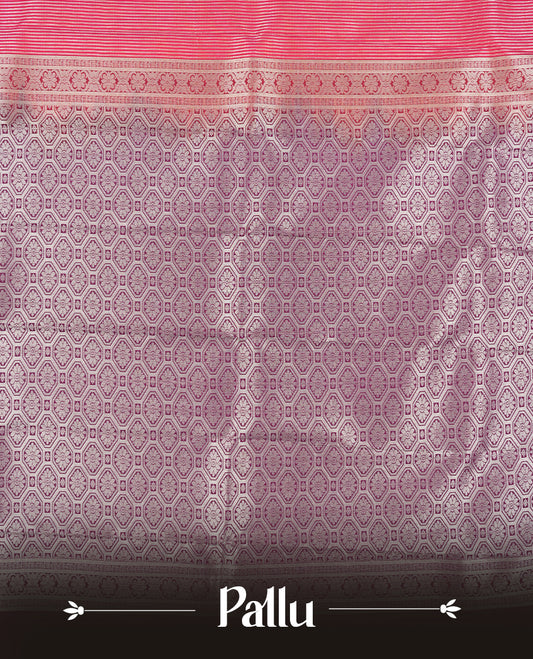 Rani pink colour Semi Silk Saree with silver zari striped patterns on the body, paired with a contrasting dark purple  traditional pallu and border, and a matching blouse piece.