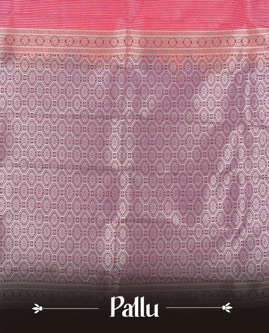 Rani pink colour Semi Silk Saree with silver zari striped patterns on the body, paired with a contrasting dark purple  traditional pallu and border, and a matching blouse piece.