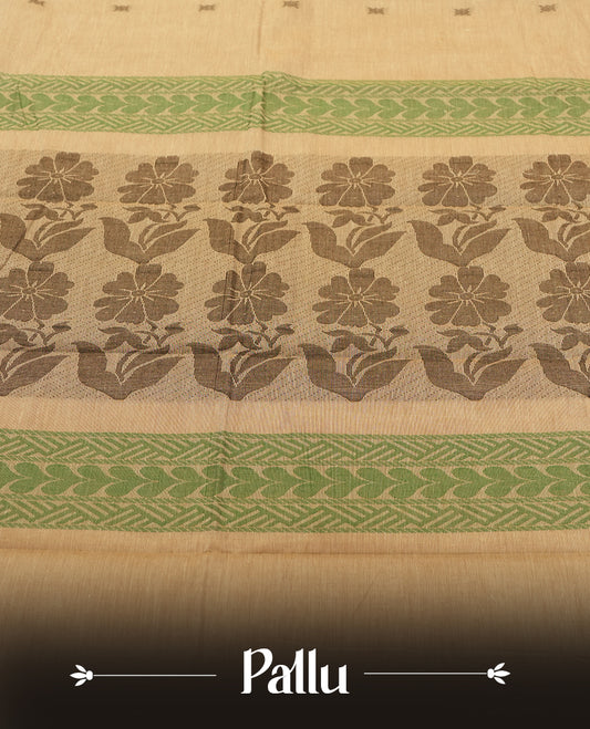 Beige Sand colour Silk Cotton Saree with Pastel Green Floral-Jacquard Pallu Panels and Chevron Bands, Body dotted with tiny thread buttas, Antique Gold Ikat-inspired border over Deep Olive lower edge, and a Plain Beige Sand Blouse with Matching