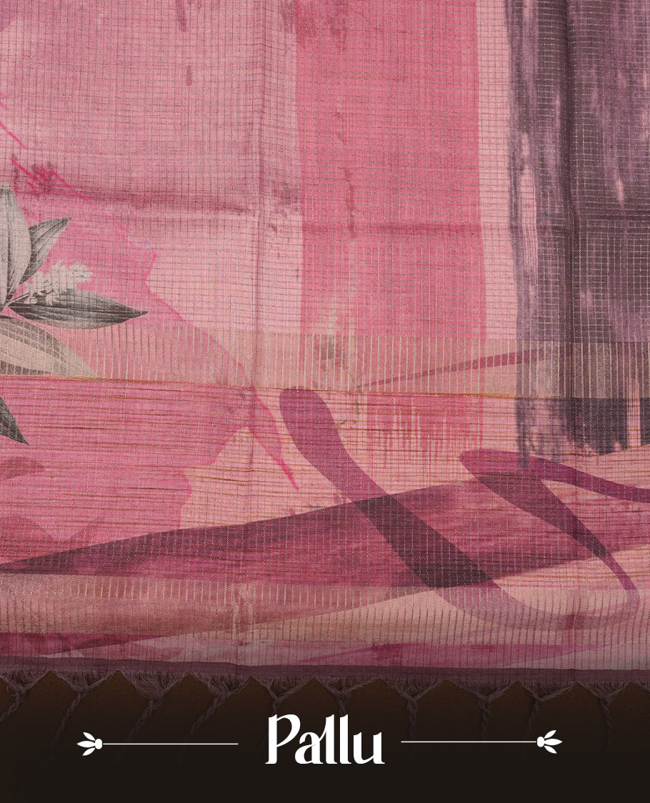 Pink colour semi tussar silk saree featuring floral print across body, contrast pink colour border and pallu, paired with matching blouse piece.