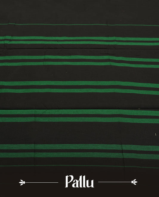 Black colour Narayanapattu cotton saree with a plain black body, green pallu adorned with traditional dancer motifs in thread work, and a maroon striped border & A cultural classic, this saree comes without a blouse piece.