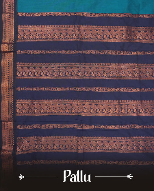 Blue colour Kalyani Cotton saree with rich navy blue border and pallu, featuring copper zari motifs and intricate weaving & Includes a matching blouse piece.
