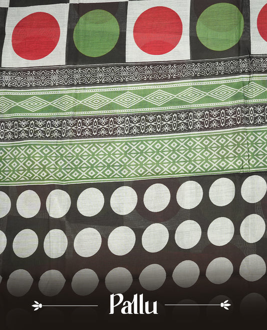 Multicolor mixed chanderi cotton saree with maroon red and olive green circles on checkerboard squares, geometric pallu with diamond motifs, and coordinating maroon blouse.