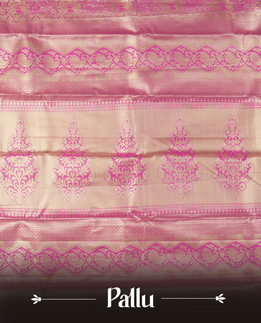 Magenta colour and gold & silver Zari Tissue Brocade Saree features intricate floral Motifs on body and dark red contrast border & pallu with traditional pattern, paired with matching blouse