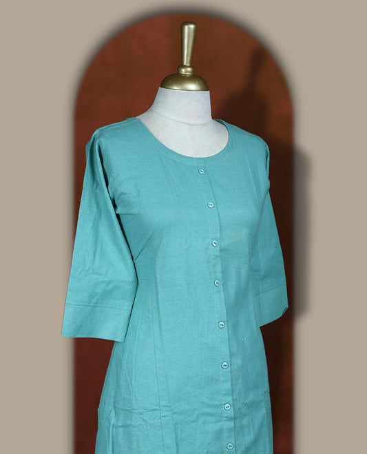 Pastel aqua blue colour coord set featuring a button down straight kurta with round neck and three quarter sleeves, paired with matching wide leg bottoms.