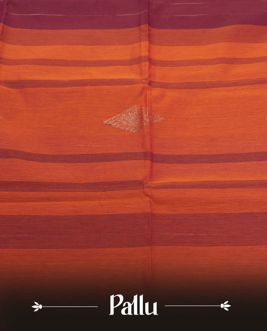 Deep Maroon Cotton Saree with Silver Zari Diamond Butta Body, Featuring Multi-Striped Zari Border Pallu in Maroon and Coral/Orange Tones with Silver Accent Stripes, Paired with Matching Coral/Orange Plain Blouse Piece