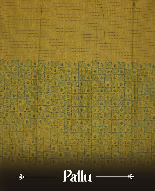 Olive Green colour poly cotton saree with black vertical dotted line pattern on the body, paired with a matching pallu featuring black zigzag geometric border, and a coordinated all‑over black stylised fleur‑de‑lis printed blouse piece.