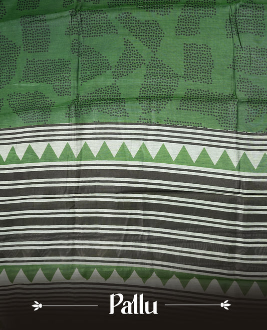 Green colour mixed chanderi cotton saree with black dotted square motifs, black and golden zari border with triangle geometric pattern, striped pallu, and matching green blouse