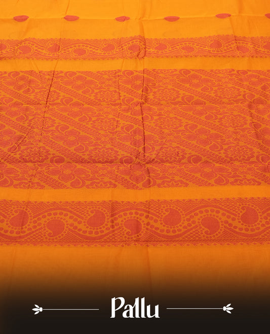 Orange Silk Cotton Saree with Red Orange Buttas Body, Accented by Red Orange Brocade and Wavy Zari Border on Red Pallu, Paired with Matching Blouse Piece