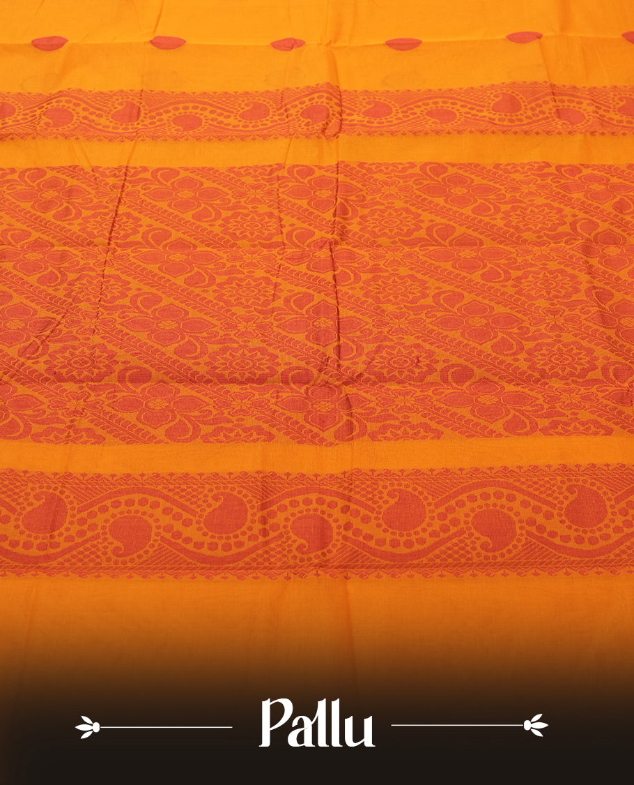 Orange Silk Cotton Saree with Red Orange Buttas Body, Accented by Red Orange Brocade and Wavy Zari Border on Red Pallu, Paired with Matching Blouse Piece