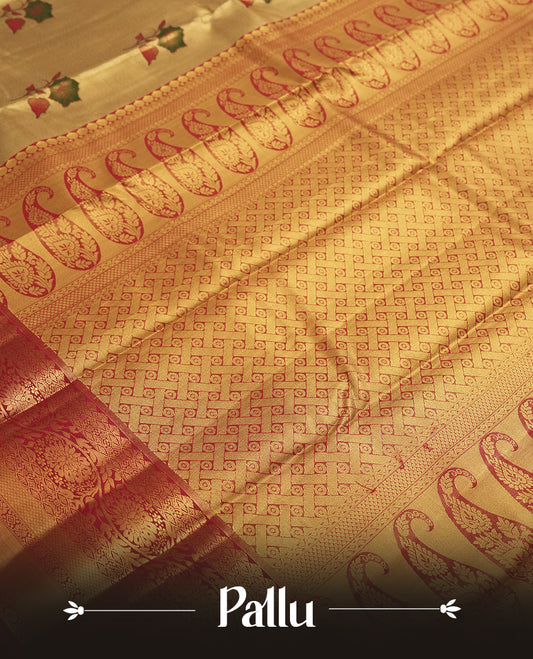 Antique golden Zari Tissue Brocade Saree features intricate green colour flower Motifs on body and a dark red colour border & pallu with traditional patterns, paired with matching blouse