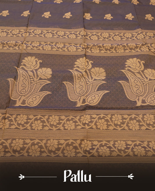 Navy Blue and Yellow Double Shade Colour Silk Cotton Saree with Cream Leaf Butta Body, Contrasting Cream Zari Pallu & Border, Floral Motifs, and Matching Woven Blouse Piece.