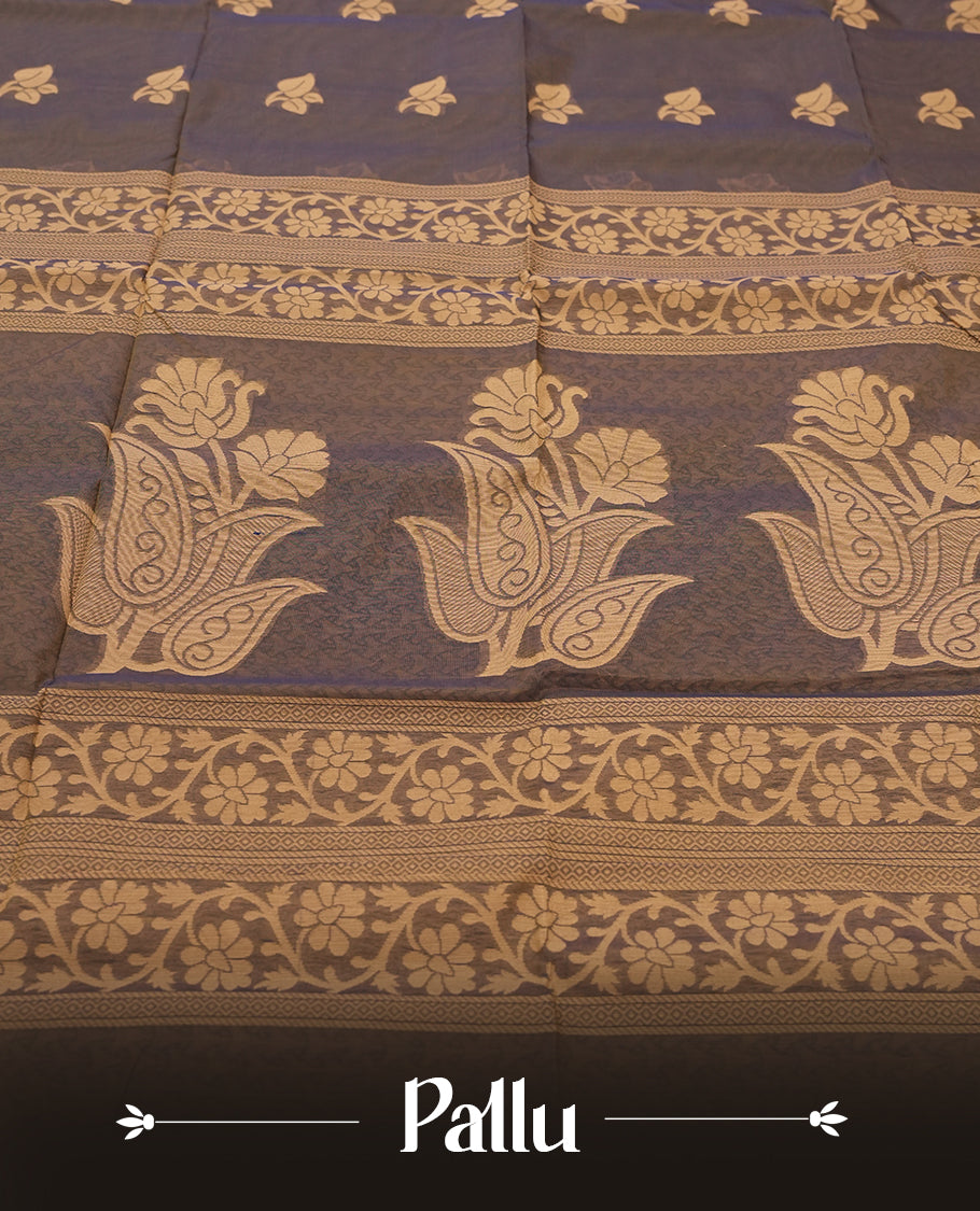 Navy Blue and Yellow Double Shade Colour Silk Cotton Saree with Cream Leaf Butta Body, Contrasting Cream Zari Pallu & Border, Floral Motifs, and Matching Woven Blouse Piece.