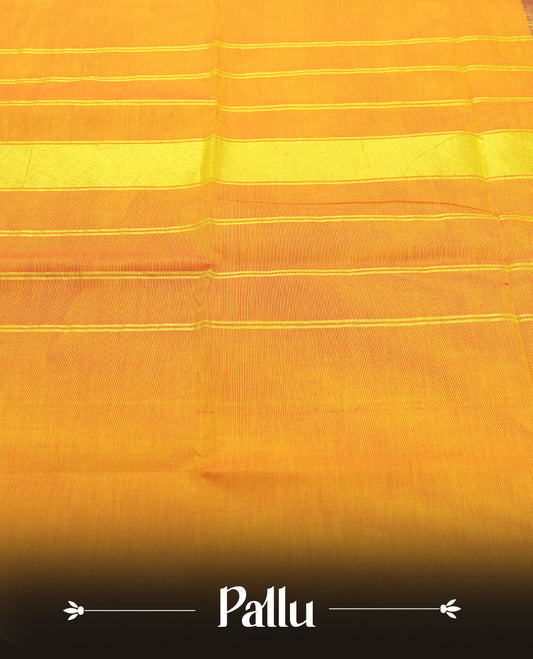 Marigold colour Silk Cotton Saree with Rich Maroon Zari Borders Showcasing Traditional Peacock and Floral Panels, Multiple Horizontal Zari Lines on the Pallu, and a Coordinated Matching Blouse Piece