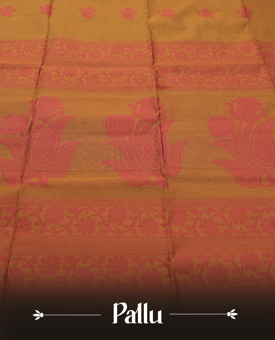 Golden orange Colour Silk Cotton Saree with Orange red Leaf Butta Body, Contrasting Orange red Zari Pallu & Border, Floral Motifs, and Matching Woven Blouse Piece