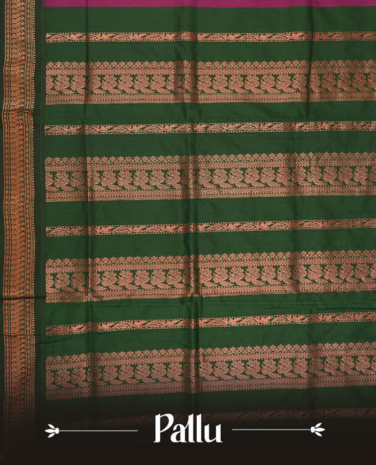 Purple colour Kalyani cotton saree with intricate small motifs all over, paired with a contrasting dark green rich zari woven border and pallu & Comes with a matching blouse piece