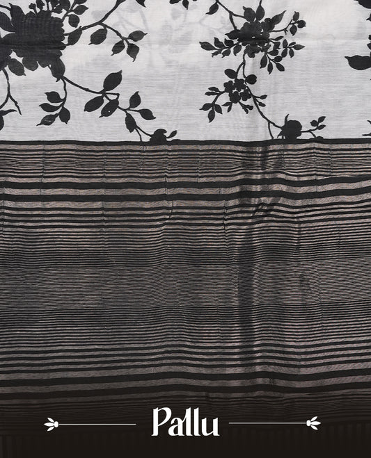 Off White colour Viscos semi printed saree featuring a light golden zari border, abstract black printed motifs on the body, and comes with a matching blouse