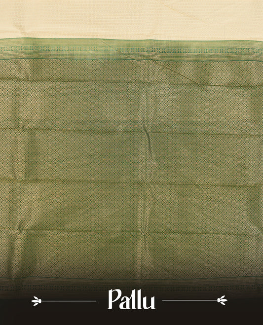 Ivory Cream Colour Semi Silk Saree with Subtle Self Textured Body, Contrasting Emerald Green Golden Zari Pallu & Border, Temple Motifs, and Matching Blouse Piece