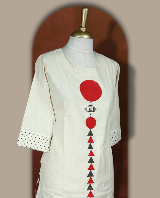 Cream colour cotton co-ord set featuring striking red geometric prints and intricate sleeve detailing & Comes with matching bottoms.